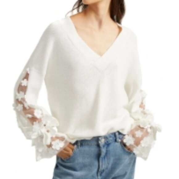 French Connection Caballo Appliqué Flower Sleeve Sweater Small, SUMMER WHITE NWT - Picture 3 of 10